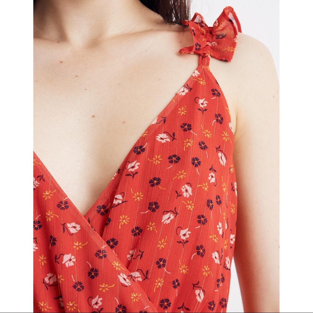 MADEWELL Ruffle-Strap Wrap Dress in Metallic-Striped Prairie Posies red - Picture 2 of 13
